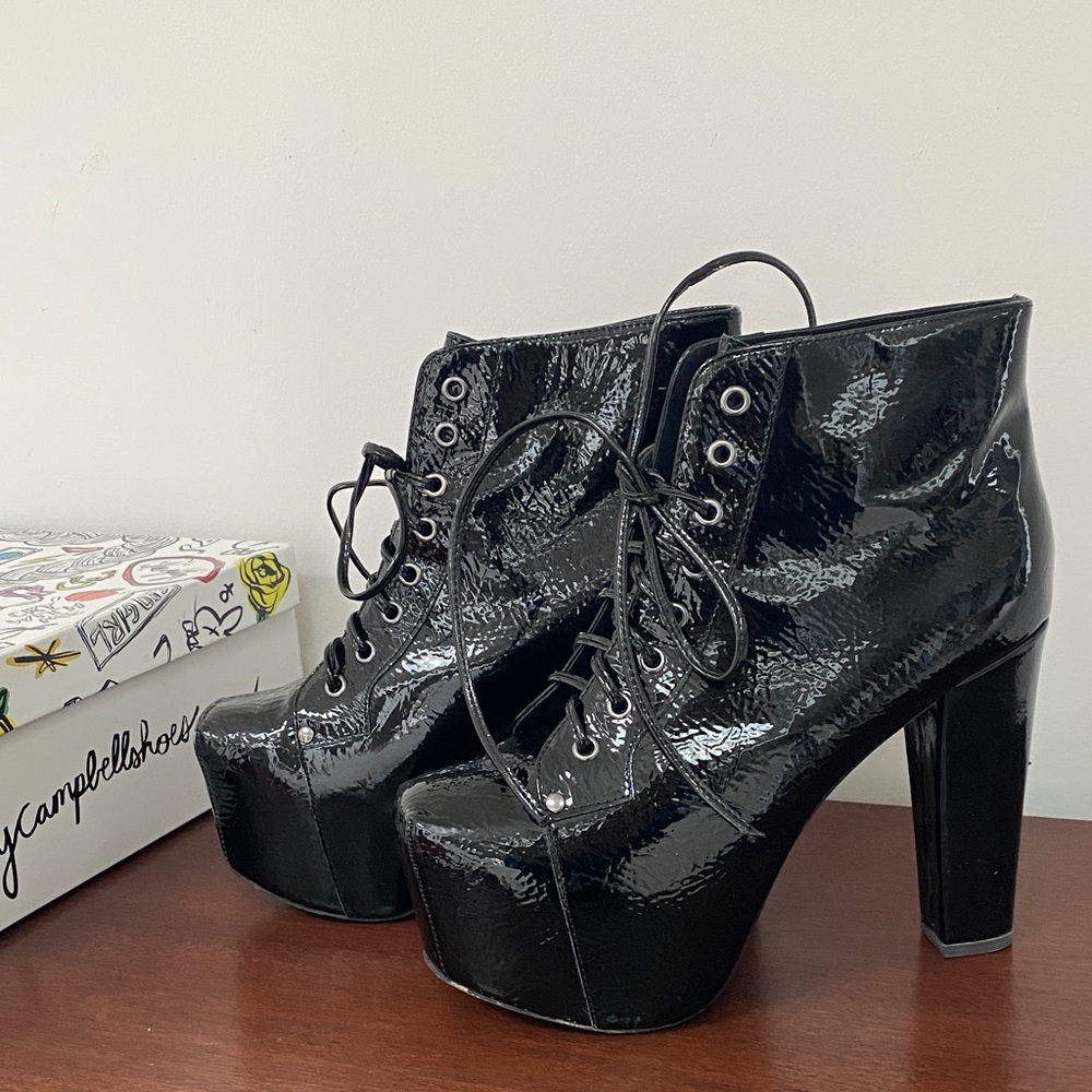 !RARE! Lita By Jeffrey Campbell - Shiny Black Lace Up Boots 9.5M - Picture 3 of 15